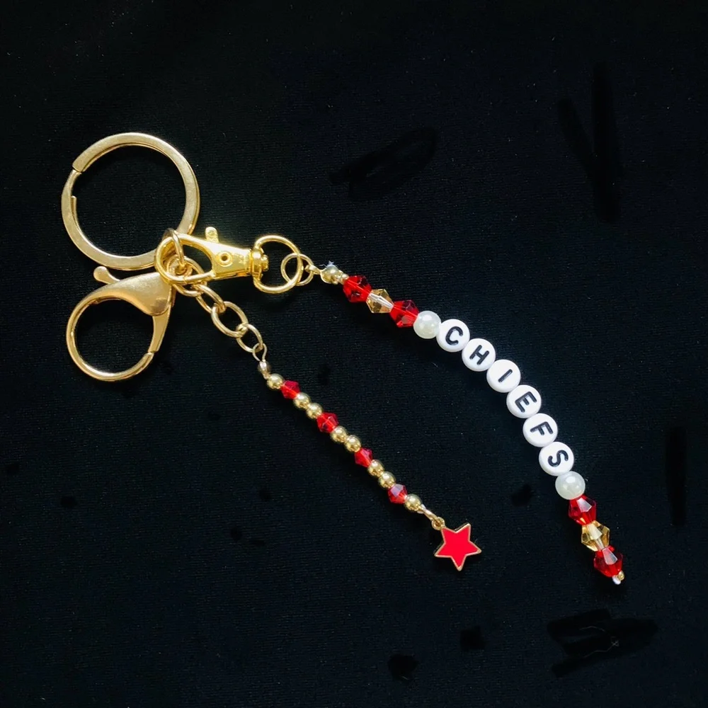 KC Chiefs Keychain Hand Beaded Red And Clear Crystals On A Gold Tone Keychain